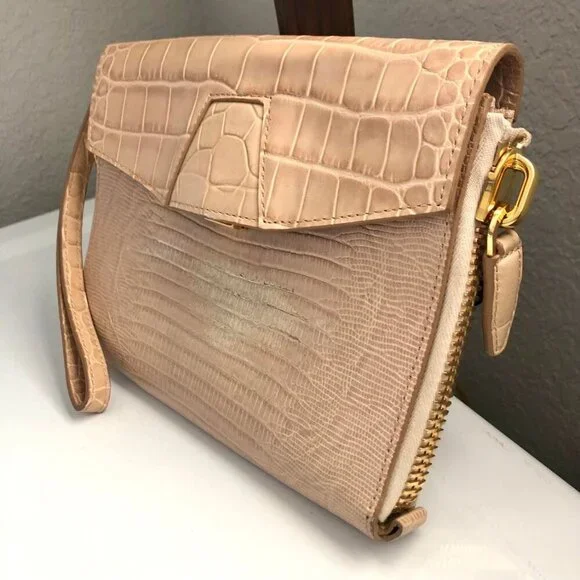 NWT ALEXANDER WANG Lydia Bag Croc Embossed Leather Clutch Bag Almond MSRP $650